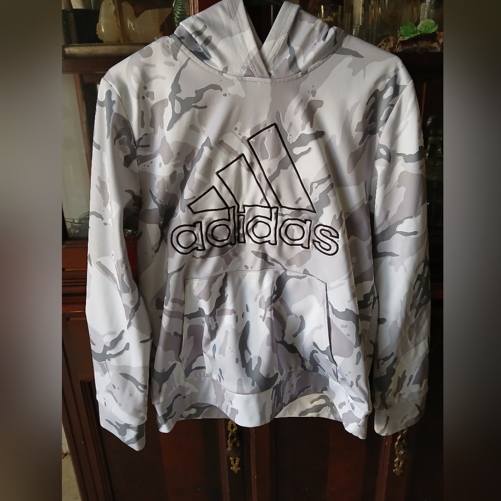 Adidas Camouflage Hoodie. White/grey Camouflage W Black Logo. Youth Lg14/16